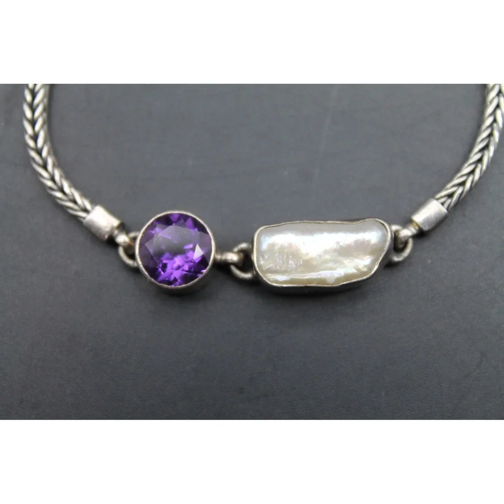 Sterling Silver Purple Gemstone Mother of Pearl Bracelet ~7.5